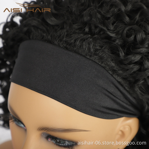 Curly Afro Heat Resistant Natural Short Wavy Attached Adjustable Headband Bobo Cheap Fiber Synthetic Woman Hair Wigs